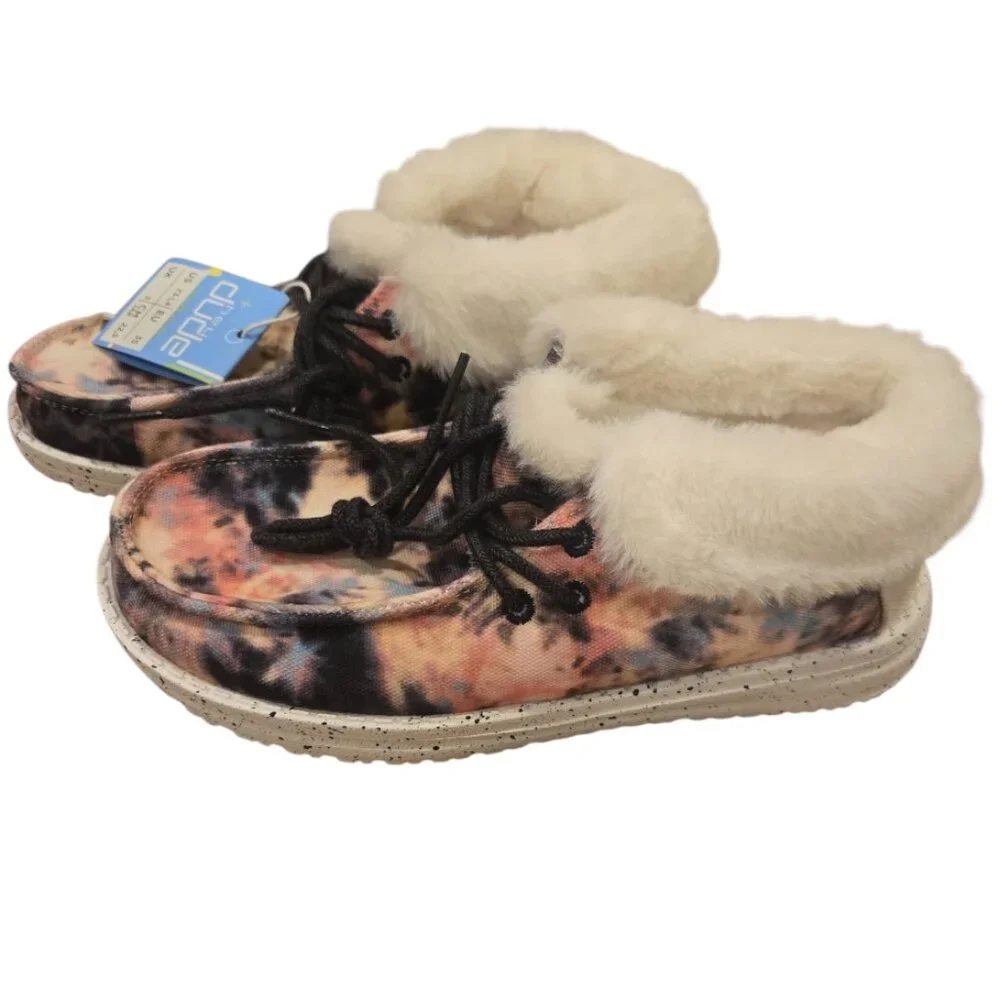 ✨ NWT Hey Dude Kids Britt Tie-Dye Faux Fur Loafers size US Youth 3 L4✨